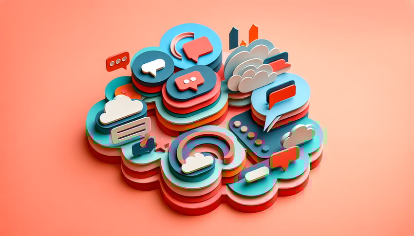 Paper art illustration depicting peer feedback forms and a digital interface for FormCreatorAI