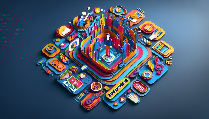 Paper art illustration featuring a brand ambassador application form with creative design elements and vibrant colors