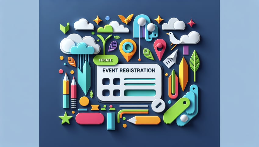Paper art illustration depicting an event registration form with design elements related to FormCreatorAI.