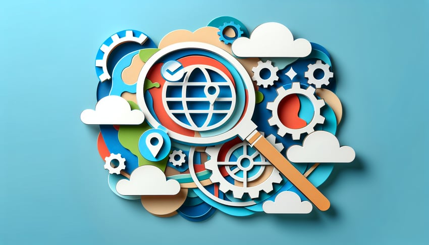 Colorful paper art illustration featuring a website evaluation form template for FormCreatorAI article