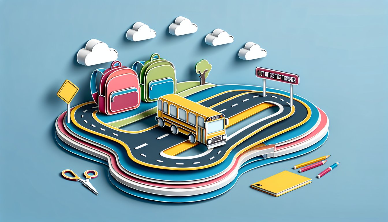 paper art illustration depicting an out of district transfer application form template for FormCreatorAI article