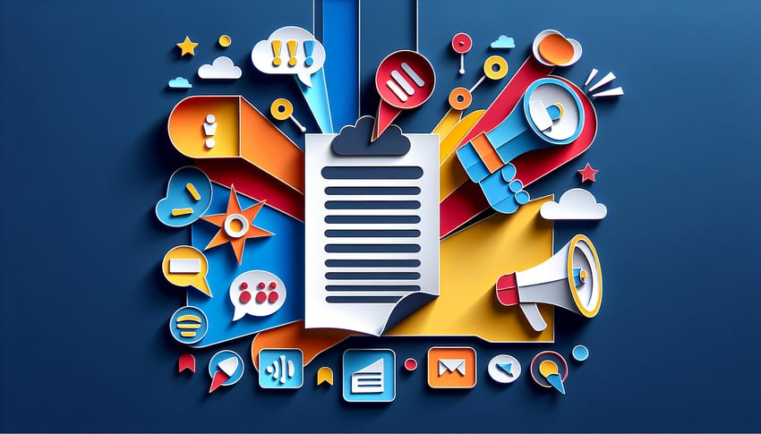 Paper art illustration featuring an announcement request form for FormCreatorAI