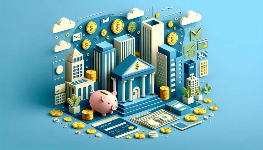 paper art illustration for bank account information form template featuring forms and financial icons