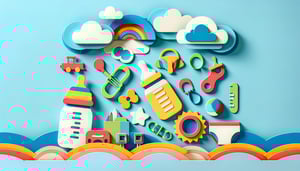 Paper art illustration featuring a babysitting registration form with a child and caregiver design elements