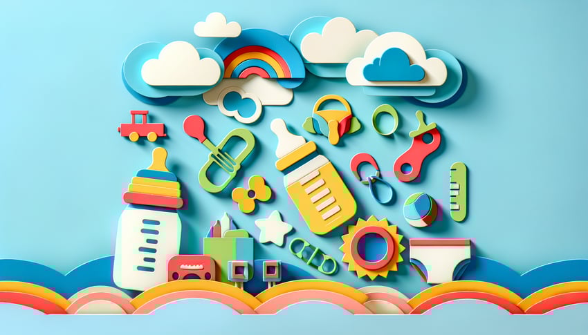 Paper art illustration featuring a babysitting registration form with a child and caregiver design elements