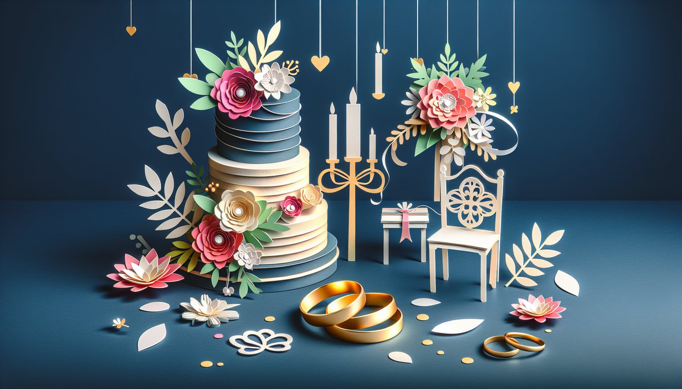 Paper art illustration depicting a wedding shot list worksheet template for article on FormCreatorAI