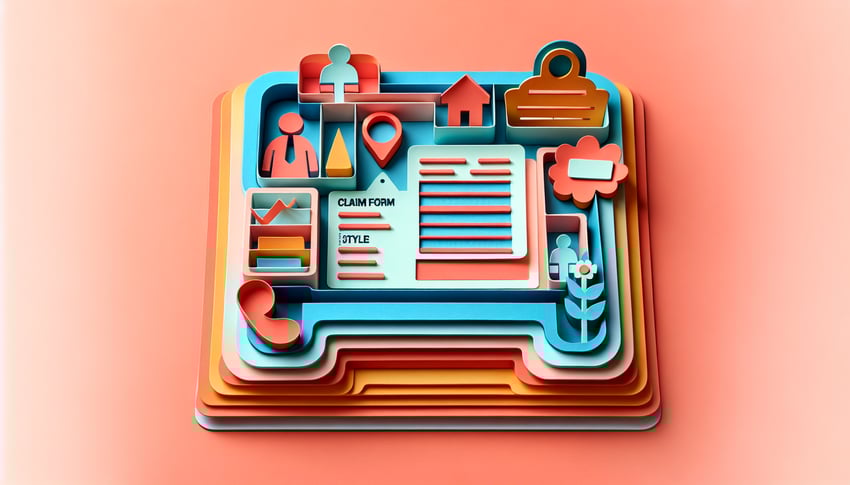 Paper art illustration featuring a claim form template with design elements for FormCreatorAI article