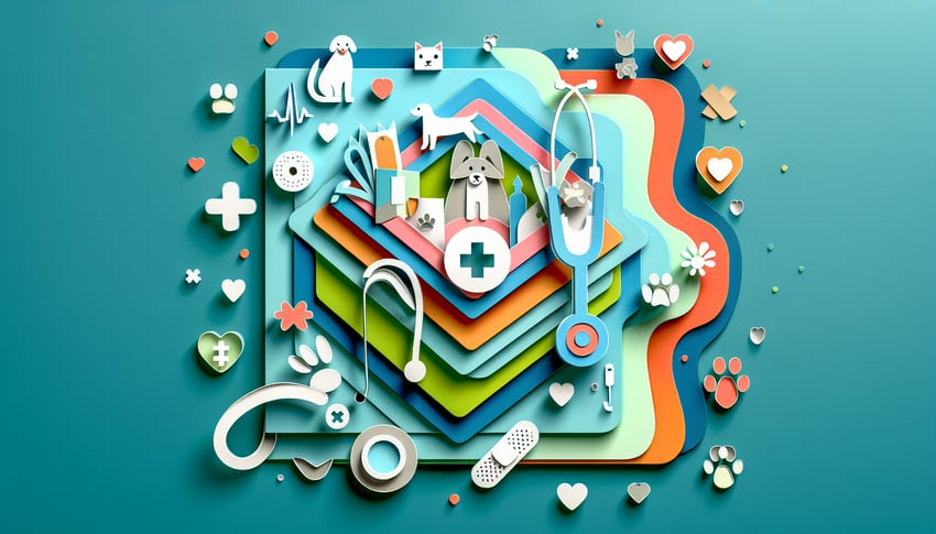 Paper art illustration depicting a pet insurance claim form template for FormCreatorAI article