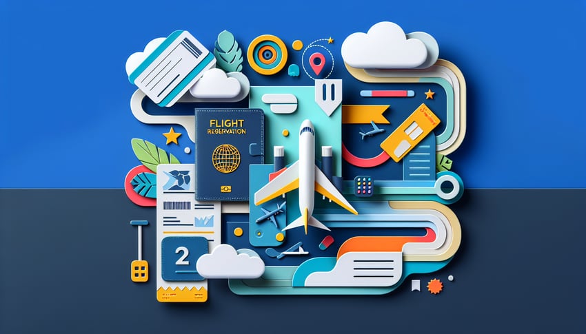 Paper art illustration depicting a flight reservation form with travel elements and a modern design