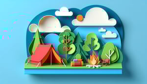 Paper art illustration depicting a campsite reservation form with trees and mountains in the background.