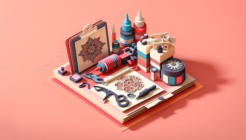 Paper art illustration featuring a tattoo consultation form with design elements relevant to tattoo creation and artistry.