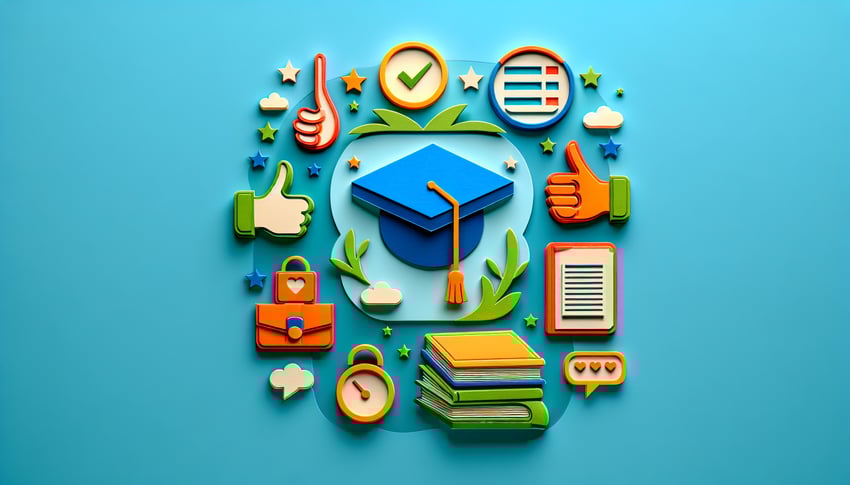 Paper art illustration featuring a student satisfaction survey form with design elements and vibrant colors