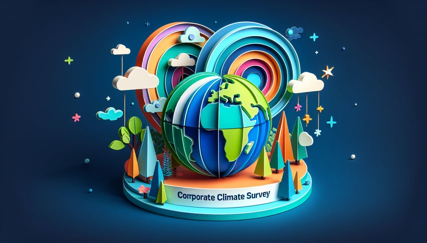 Paper art illustration depicting a corporate climate survey form for FormCreatorAI article