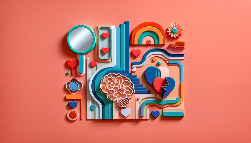 Paper art illustration featuring a self reflection survey form with checkboxes and writing spaces