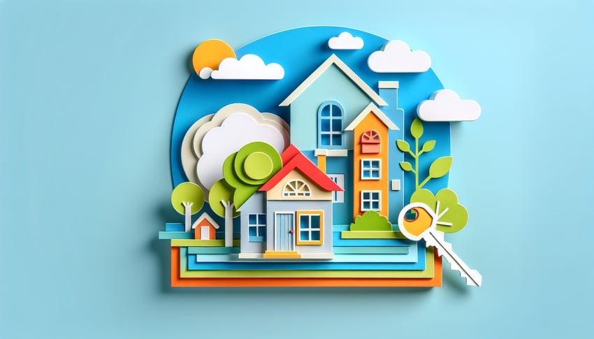 Paper art illustration depicting a real estate survey form and creative elements related to FormCreatorAI.