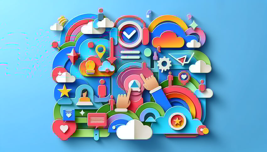Colorful paper art illustration depicting a user experience survey form with various input fields and icons