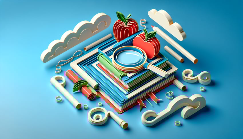 Paper art illustration representing a teachers assessment form template with school-related icons and design elements.