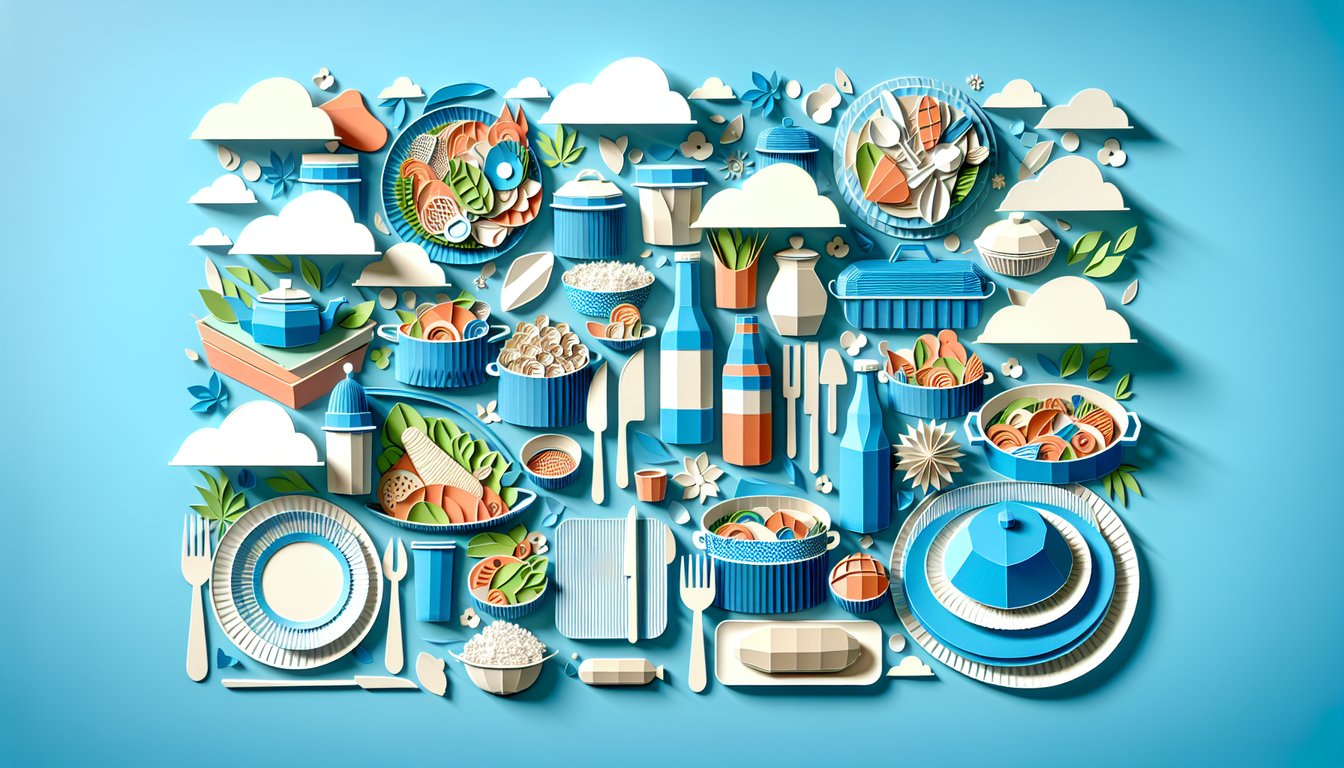 Colorful paper art illustration featuring a potluck invitation form template with food items and decor elements.