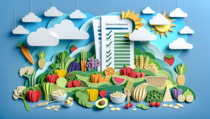 Paper art illustration featuring a dietary preferences survey form template for FormCreatorAI article