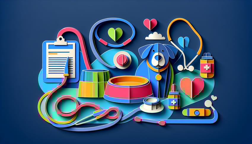 paper art illustration depicting a dog health certificate form with elements related to dog care and medical details