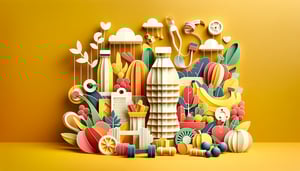 Paper art illustration features a food diary template with sections for meals, snacks, and notes for tracking nutrition.