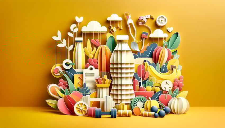 Paper art illustration features a food diary template with sections for meals, snacks, and notes for tracking nutrition.