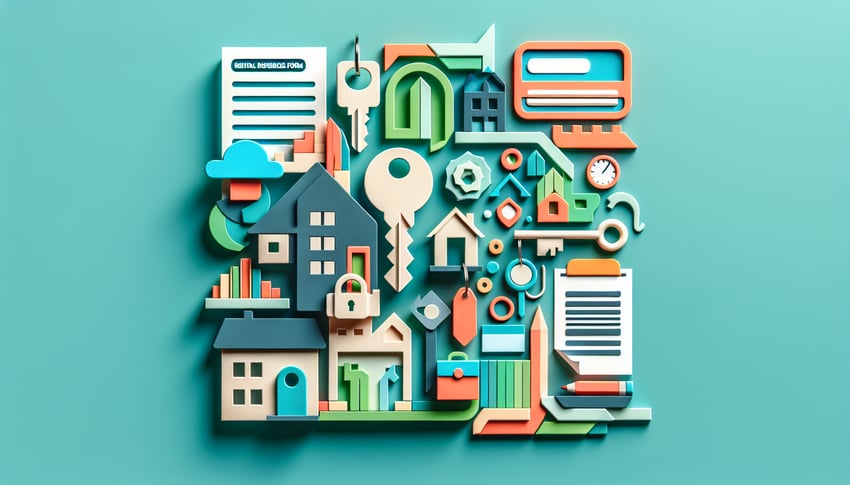 Paper art illustration depicting a rental reference form template for FormCreatorAI