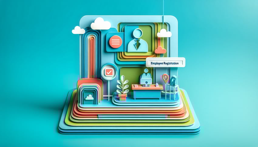 Paper art illustration depicting an employee registration form for FormCreatorAI article