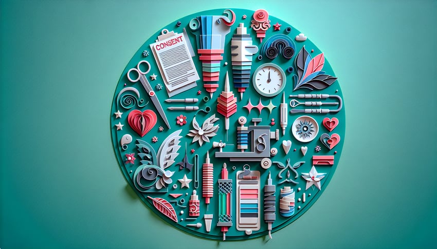 Paper art illustration representing a tattoo consent form template for FormCreatorAI article.