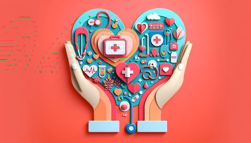 Paper art illustration featuring a caregiver job application form with pen and clipboard, highlighting application details and design.