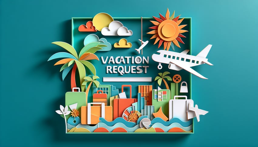 Paper art illustration depicting an employee vacation request form with checkboxes and a signature line.