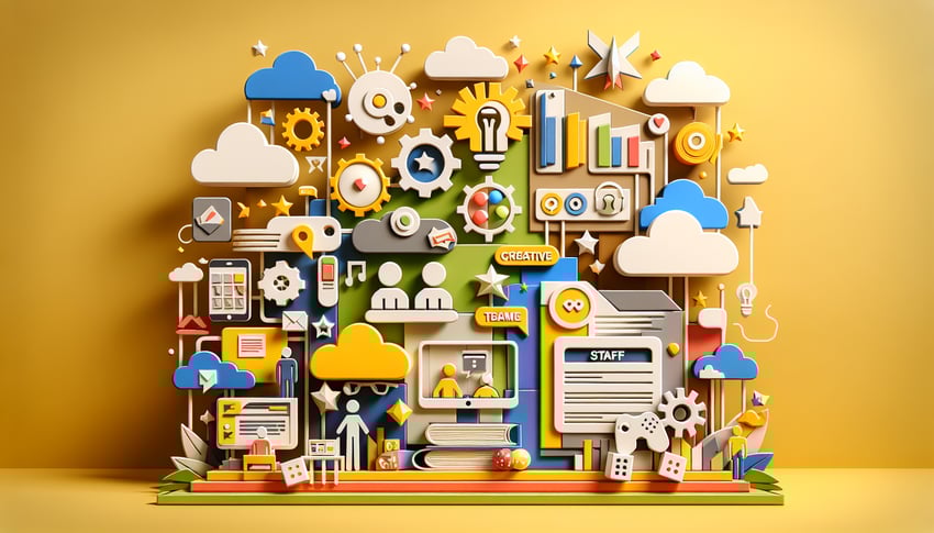 Paper art illustration showcasing an online game staff application form for FormCreatorAI.