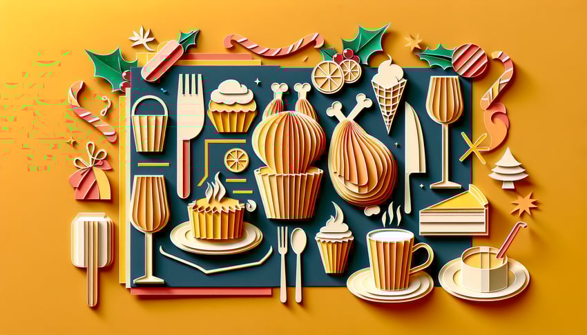 Paper art illustration featuring a festive Christmas menu pre order form layout for FormCreatorAI