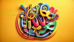 Paper art illustration featuring a dance audition form with musical notes and dancing figures, showcasing creative design elements.