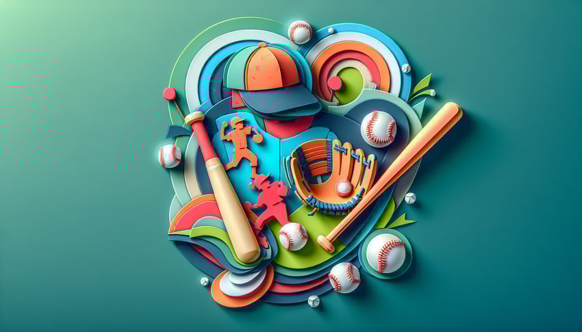 Paper art illustration depicting a youth baseball evaluation form with testimonials and metrics for player assessment.
