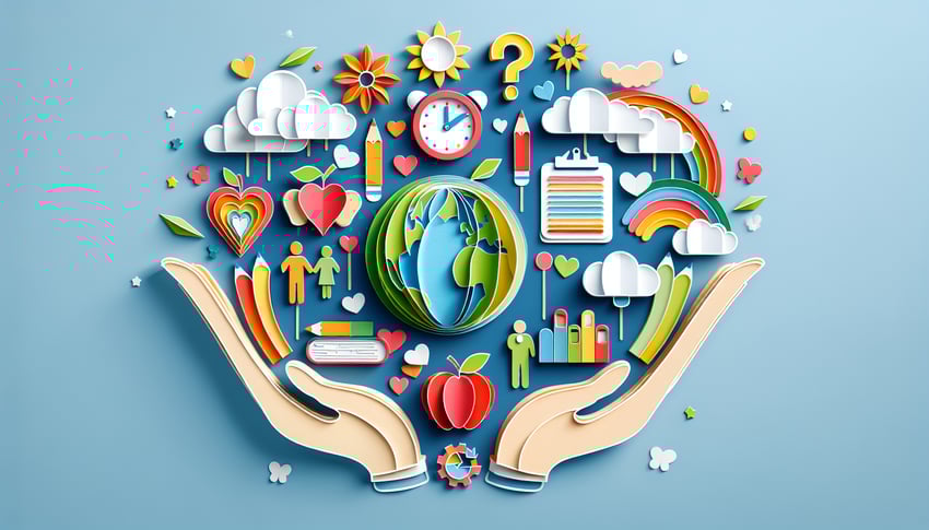 colorful paper art illustration representing a school survey form for parents with checkboxes and text fields