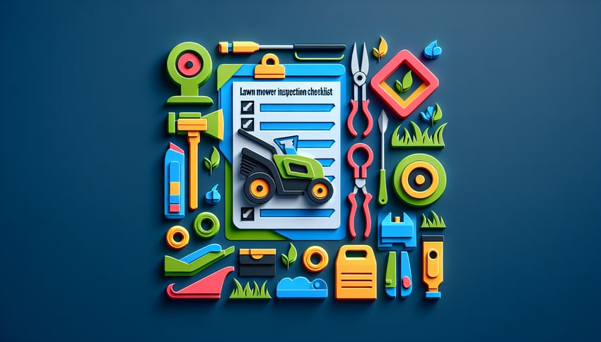 Paper art illustration showcasing a lawn mower inspection checklist for FormCreatorAI article
