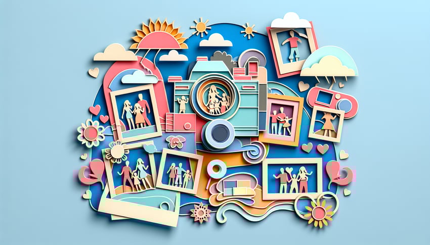 Paper art illustration featuring a family photograph session questionnaire form template for FormCreatorAI