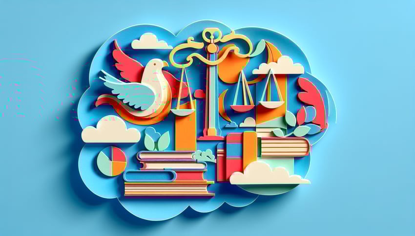 Paper art illustration representing a political ideology survey form with various option fields and icons.