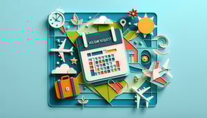 Colorful paper art illustration featuring a holiday request form with decorative elements and text highlights