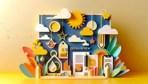 Paper art illustration depicting a design review form template layout and elements for FormCreatorAI article