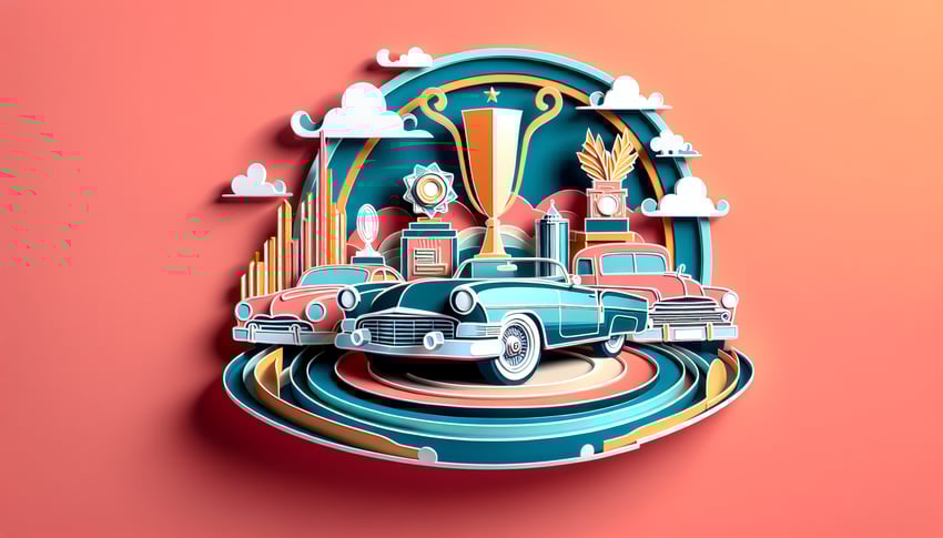 Paper art illustration showing a car show judging form template layout with sections for notes and scores