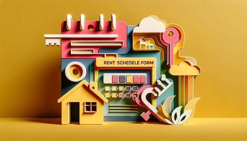 Paper art illustration showcasing a rent schedule form for FormCreatorAI article