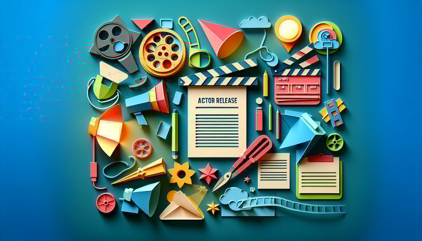 Paper art illustration featuring documents and forms related to actor release agreements for FormCreatorAI article