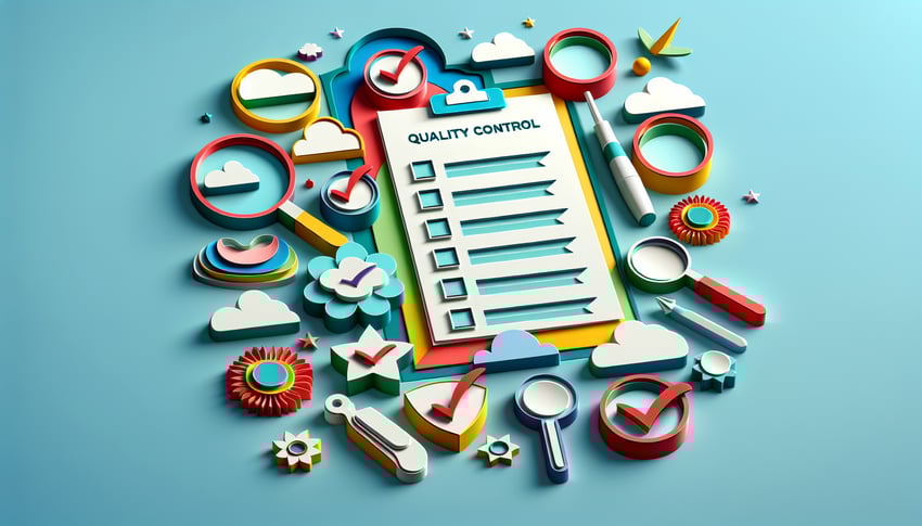 Paper art illustration depicting a quality control checklist form for an article on FormCreatorAI.
