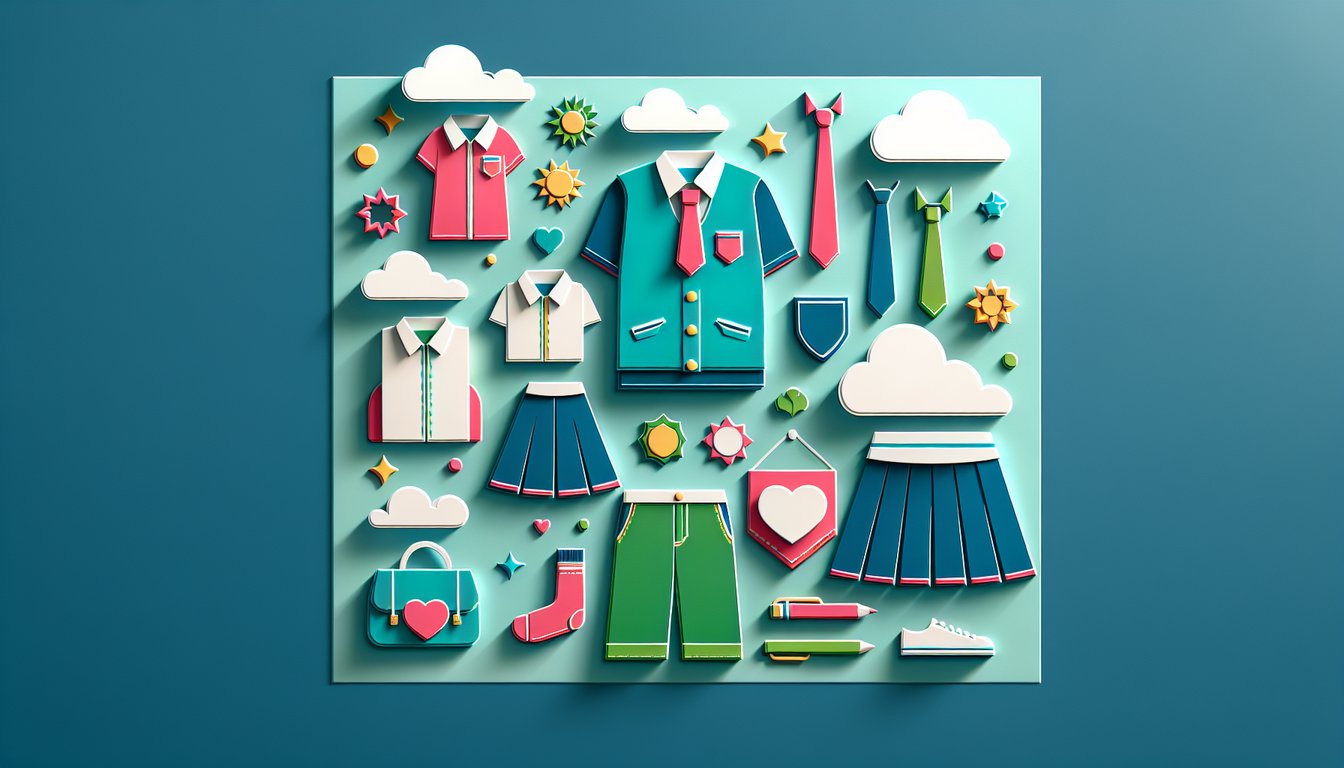 Paper art illustration depicting a school uniform order form with various clothing items and details for customization
