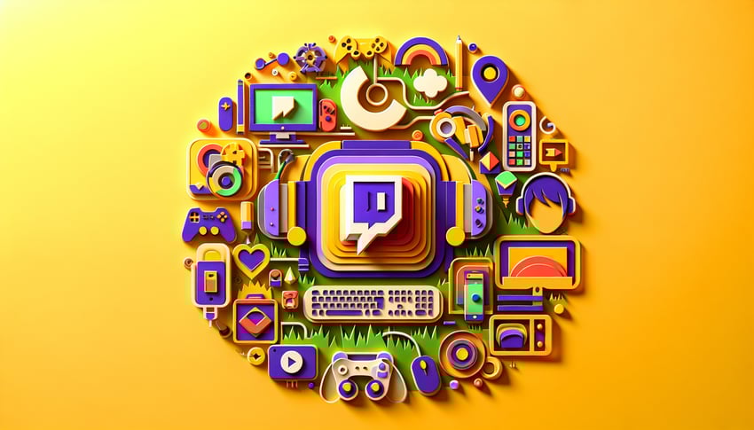 Colorful paper art illustration representing a Twitch team application form template with digital elements.