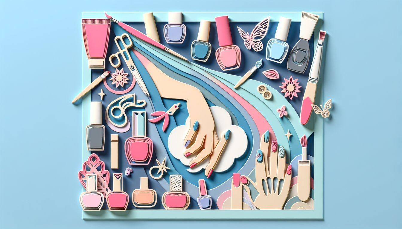 Paper art illustration featuring colorful nail designs for a nail art order form template article.