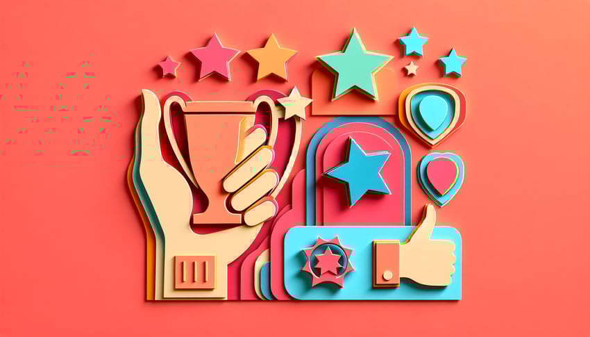 Paper art illustration depicting an employee recognition survey form and elements related to feedback and appreciation.