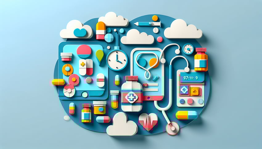 Paper art illustration depicting a medication log form template for tracking medication usage and schedules.